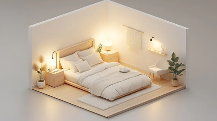 cozy Scandinavian isometric bedroom design with soft lighting and plants
