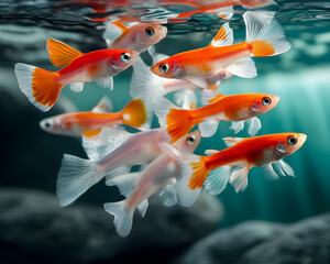 Bright orange and white guppies swimming gracefully in clear underwater scene