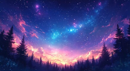 Naklejka premium Magical Starry Night Sky with Milky Way and Pine Trees