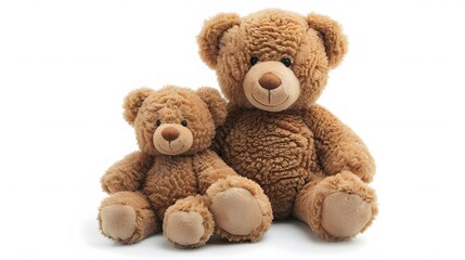 Obraz premium Two brown teddy bears sitting together, one larger than the other, against a white background.