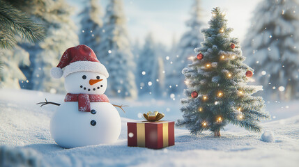 Obraz premium Christmas tree, snowman, and a gift box in a snowy scene with room-4
