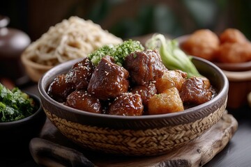 Delicious braised beef cubes with potatoes and noodles in a rustic bowl.