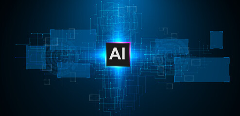 Ai chip technology with screen or machine learning blue background vector editable