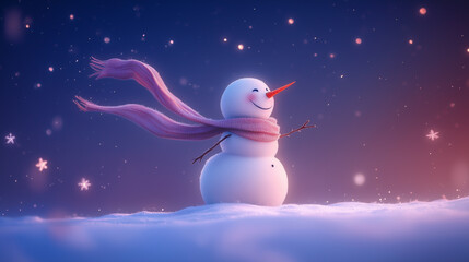 Obraz premium Cute snowman with scarf blowing in the winter breeze, stars twinkling against a serene snowy background-1