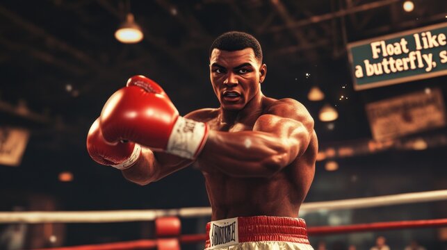 Muscular boxer, red gloves, ring, intense focus.