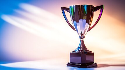 Silver trophy cup on dark base, illuminated.