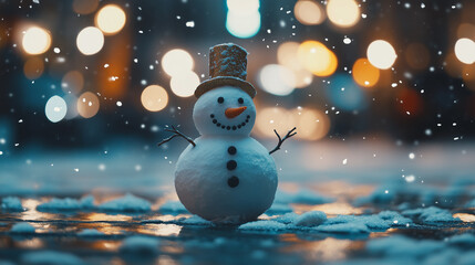 Obraz premium Elegant snowman standing with vibrant bokeh in serene snowfall-2