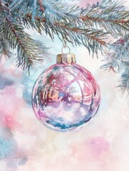 Pastel Pink Christmas Ornament Hanging on Snowy Pine Branch Winter Holiday Decor