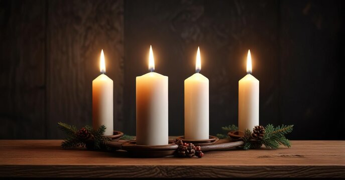 Single Burning Advent Candle on a Dark Wood Shelf , advent candles, , autumnal theme