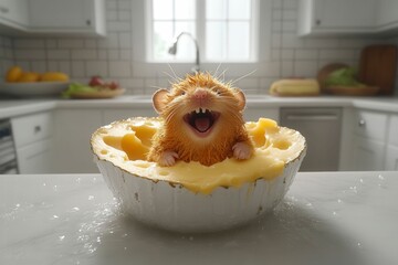 Cute Rodent in Creamy Dessert Bowl