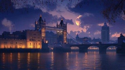 Fototapeta premium Night scene, Tower Bridge, moonlit river, London.