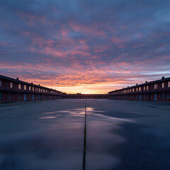 Fototapeta premium Sunrise over army barracks military base wide-angle photo dawn light panoramic view military environment