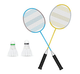 Set illustration of two crossed badminton rackets with blue and yellow frames, along with two shuttlecocks, one with a green band and the other with a black band. Ideal for use in sports and