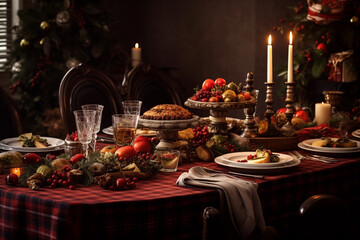 Beautifully arranged table showcases feast featuring various dishes, fresh fruits, and candles, set in cozy room decorated for holidays.