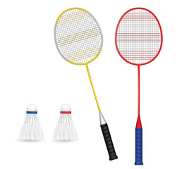 Set illustration of two badminton rackets, one with a yellow frame and the other with a red frame, accompanied by two shuttlecocks with blue and red bands. Ideal for illustrating badminton equipment