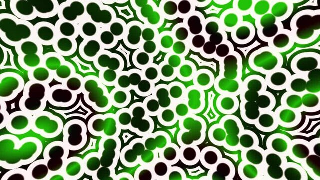 Abstract background with white circles and green light lines. Green light lines wavy pattern animation.
