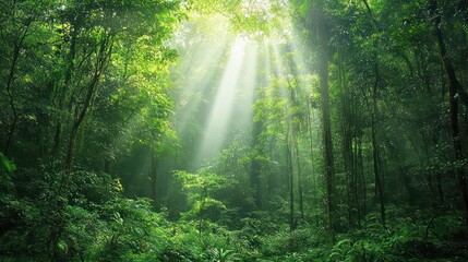 Obraz premium Sunbeams piercing through lush green rainforest canopy.