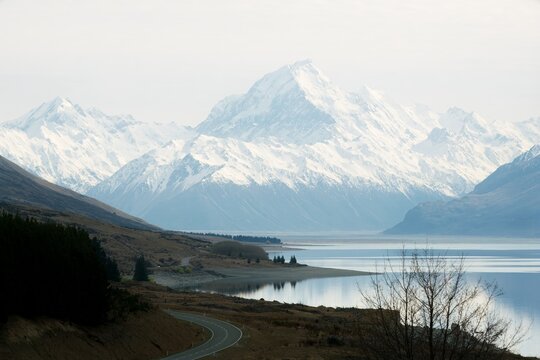 State Highway 80 Along Tasman River with Mount Cook, Clear Winter Day Landscape