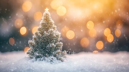Festive christmas scene with white snowy ground, blurred decorated christmas tree, and warm glowing bokeh lights in the background


