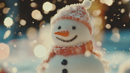 Smiling snowman amidst softly falling snow, bright bokeh in background-4