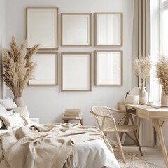 Cozy bedroom interior with six empty frames, pampas grass, wooden furniture, and beige bedding.