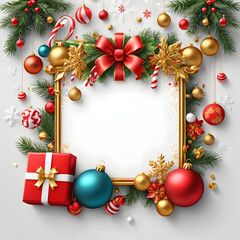 Merry Christmas greetings Happy New Year wishes and Xmas elegant Christmas card, banner, floral frames, gift boxes, Santa Claus, Christmas decor and blank card on a white background. Space for text.
