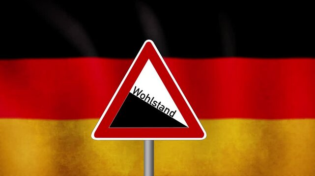 Flagge von Deutschland und ein Verkehrsschild als Symbol f&uuml;r sinkenden Wohlstand