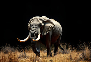 Fototapeta premium A magnificent elephant with long tusks stands amidst dry grass under a black background, generative ai