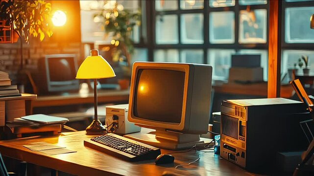 A retrofuturistic 70s office with vintage computers and CRT monitors
