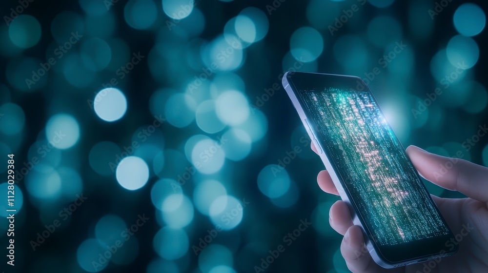 Poster mobile phone screen showing digital code abstract bokeh background