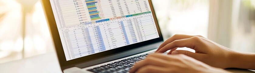 Obraz premium Closeup of hands typing on a laptop, with a keyword analysis spreadsheet open, bright lighting