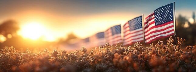 Honoring Veterans with American Flags in a Serene Landscape at Golden Hour