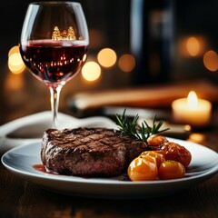 a steak on a plate and a glass of wine