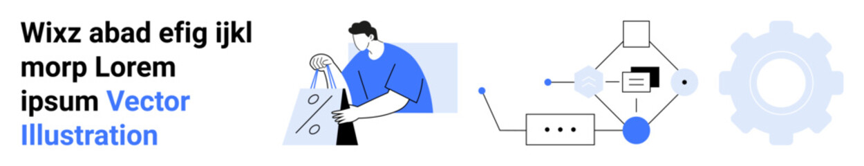 Man manipulating design tools with accompanying flowchart diagram and gear symbol. Ideal for process optimization, workflow automation, engineering, efficiency solutions, productivity enhancement