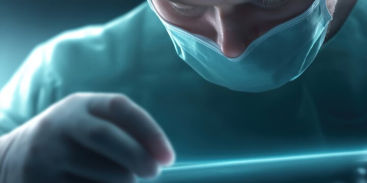 An intense close-up of a surgeon wearing a mask and gloves, showcasing the focus and diligence required in the medical profession to ensure successful patient care and outcomes.