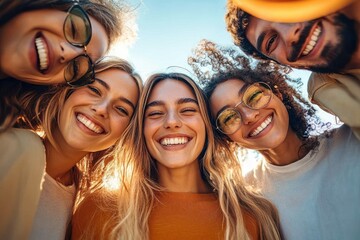 Joyful multicultural friends smiling together under the sun - Happy young people enjoying outdoor fun and friendship
