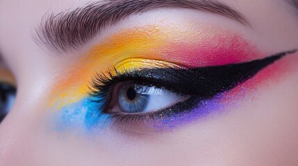 Close-up of a female eye with colorful, creative makeup, representing art and the Holi festival.