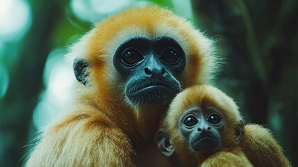 Obraz premium A close-up of a mother and infant of a Yellow Cheeked Gibbon monkey (Nomascus Gabriallae) in the forest