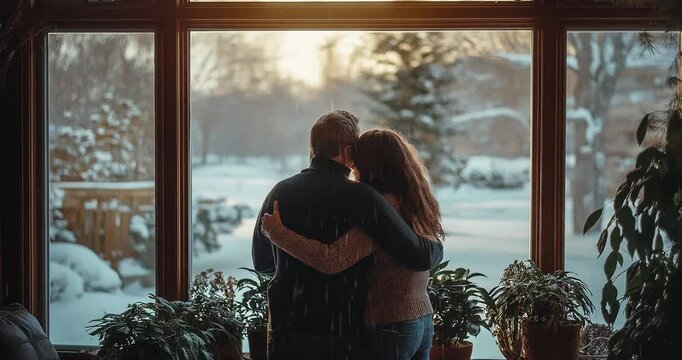 Family embracing by a large bay window with a snowy view outside, warm and comforting, natural light