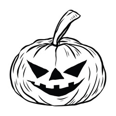 Black and white drawing of a jack o lantern with a spooky halloween theme, perfect for shirt graphics, tattoos, and minimal seasonal decor