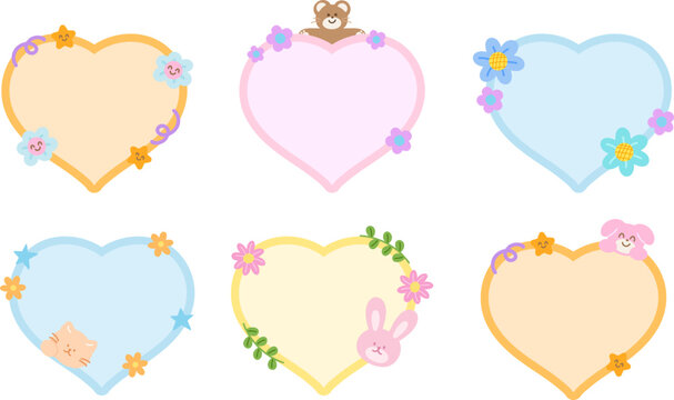 Cute vector illustration of teddy bear, cat, bunny, puppy, flowers with heart shaped blank space for name tag, text bubble, sticker, animal print, memo note, sticky note, notepads, paper design, zoo

