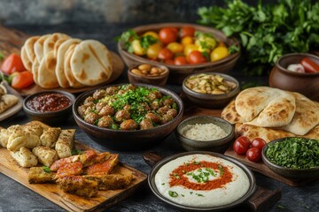 Diverse Middle Eastern mezze platter with various dips, breads, and grilled meats.