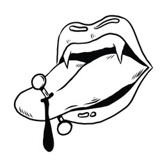 Vampire fangs with pierced tongue dripping liquid; bold black-and-white line art illustration perfect for gothic, spooky, or horror-themed designs like tattoos, shirts, or graphic art