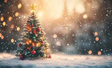 Obraz premium Christmas tree with decorations on snow in a winter landscape