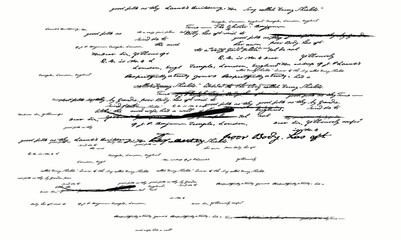 graffiti letters seamless pattern, Antique hand written, hand drawn note or journal entry in cursive, unreadable, illegible, messy handwriting with areas crossed out.eps