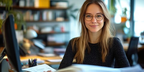 Office Worker Processing Documents at Desk in Modern Corporate Environment