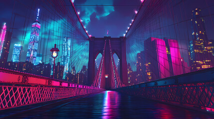 Fantastical streets an illusory night over brooklyn bridge. Illusory. Illustration