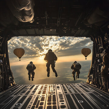 Paratroopers jumping from aircraft into sunset sky military exercise aerial perspective adventure thrill-seeking