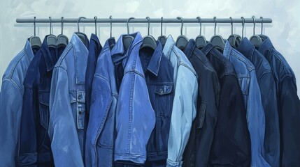 Collection of denim jackets hanging on hangers in various shades of blue