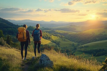 Obraz premium Couple Hiking in Nature Enjoying Scenic Valley View at Golden Hour